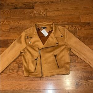 Shinestar Tan Leather Biker Jacket with Notched Lapels